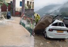 मूसलाधार बारिश का कहर: जलभराव, कार पर गिर पत्थर, 17 सड़कें बंद, जनजीवन अस्त-व्यस्त